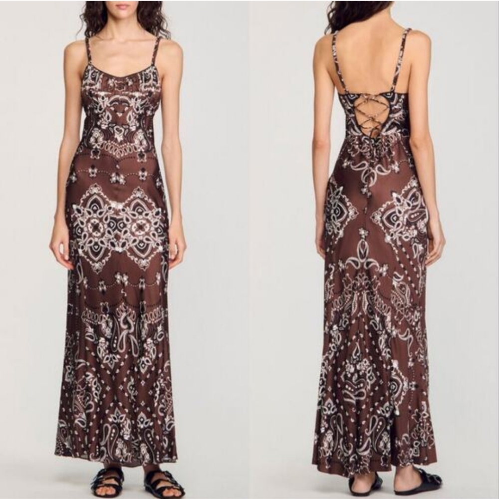 Sandro Bandana Print Brown Maxi Slip Dress Size 36 NWT